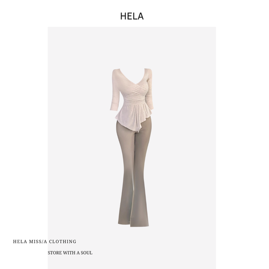 ÁO NỮ CỔ V KẾT HỢP CÙNG QUẦN ỐNG LOE